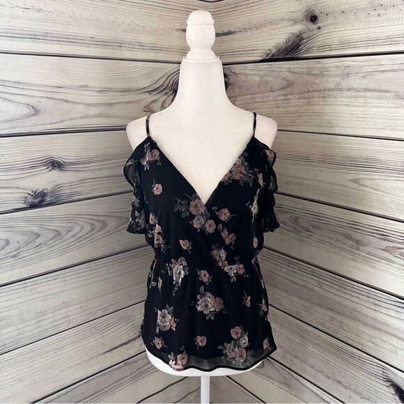 Express Black & Pink Floral Open Back Cold Shoulder V Neck Top - Picture 1 of 8